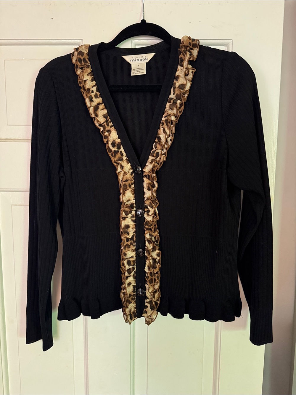 Misook Black Long Sleeve Jacket with Leopard Trim